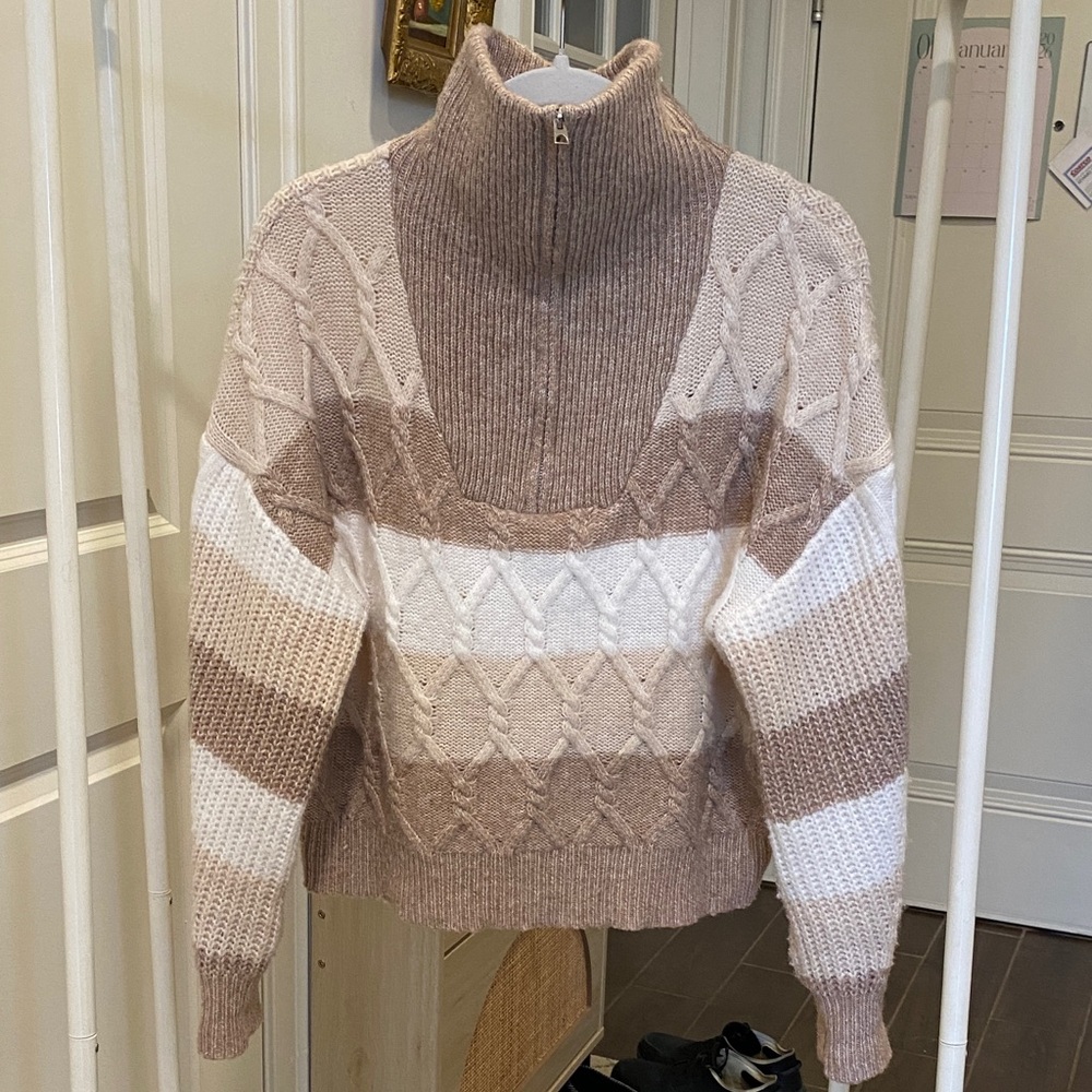 Cozy Brown and White Stripped 1/4 Zip Sweater